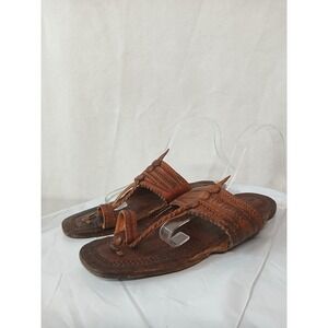 Mens 9 Brown Genuine Leather Kolhapuri Sandals Handmade Indian Toe Loop Slides